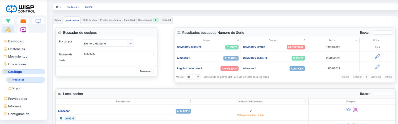 Ficha de producto: buscador por número de serie con el recorrido del equipo, y existencias por ubicación con lo comprometido y lo libre