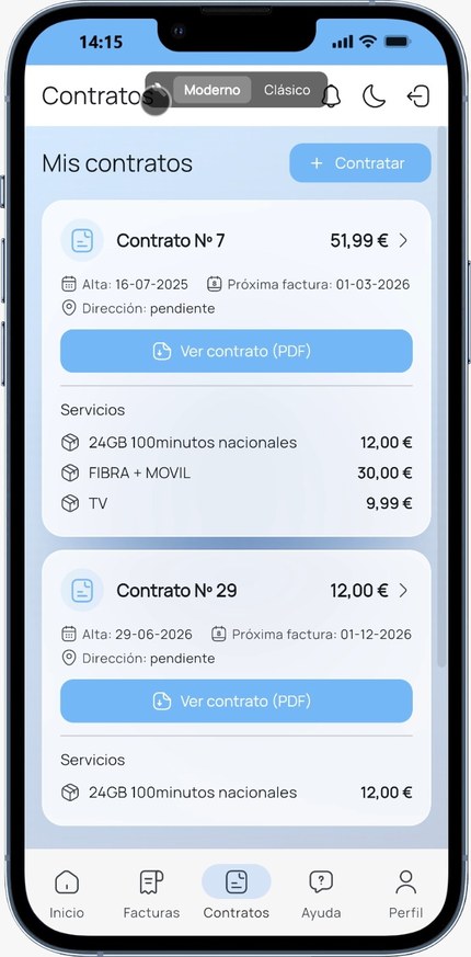 App del cliente: contratos con fibra, móvil y televisión