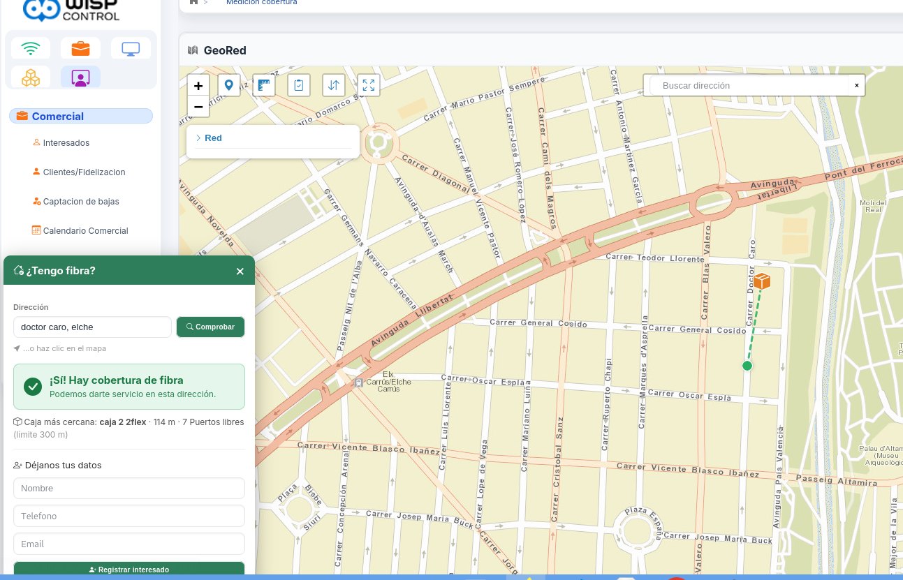 Consulta de cobertura sobre el mapa: se escribe una dirección y responde si hay fibra, con la caja más cercana, la distancia y los puertos libres