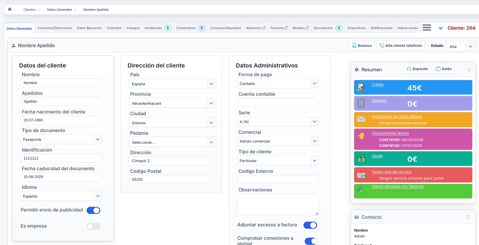 Ficha de cliente con sus datos, dirección, datos administrativos y el resumen de crédito, depósito, próxima factura, deuda y corte de servicio