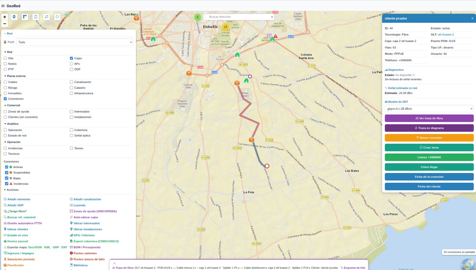 GeoRed: mapa con la red de fibra trazada por la calle, la ficha de la conexión y la traza desde la OLT hasta el cliente