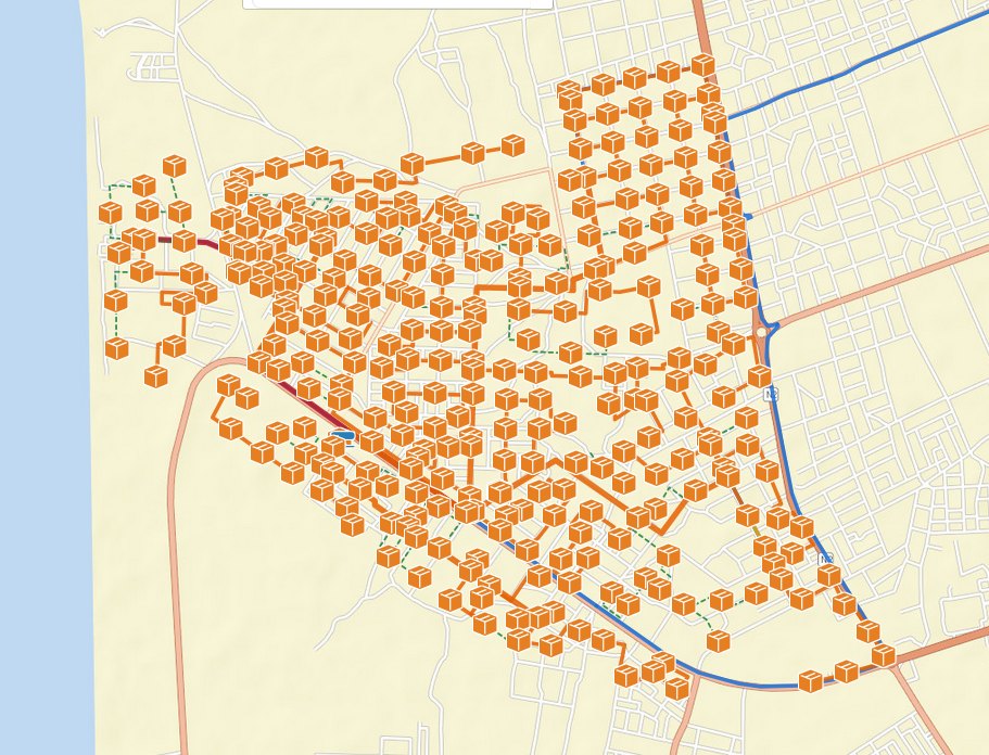 Cientos de cajas de distribución de fibra sobre el mapa de una población, unidas por el cable troncal