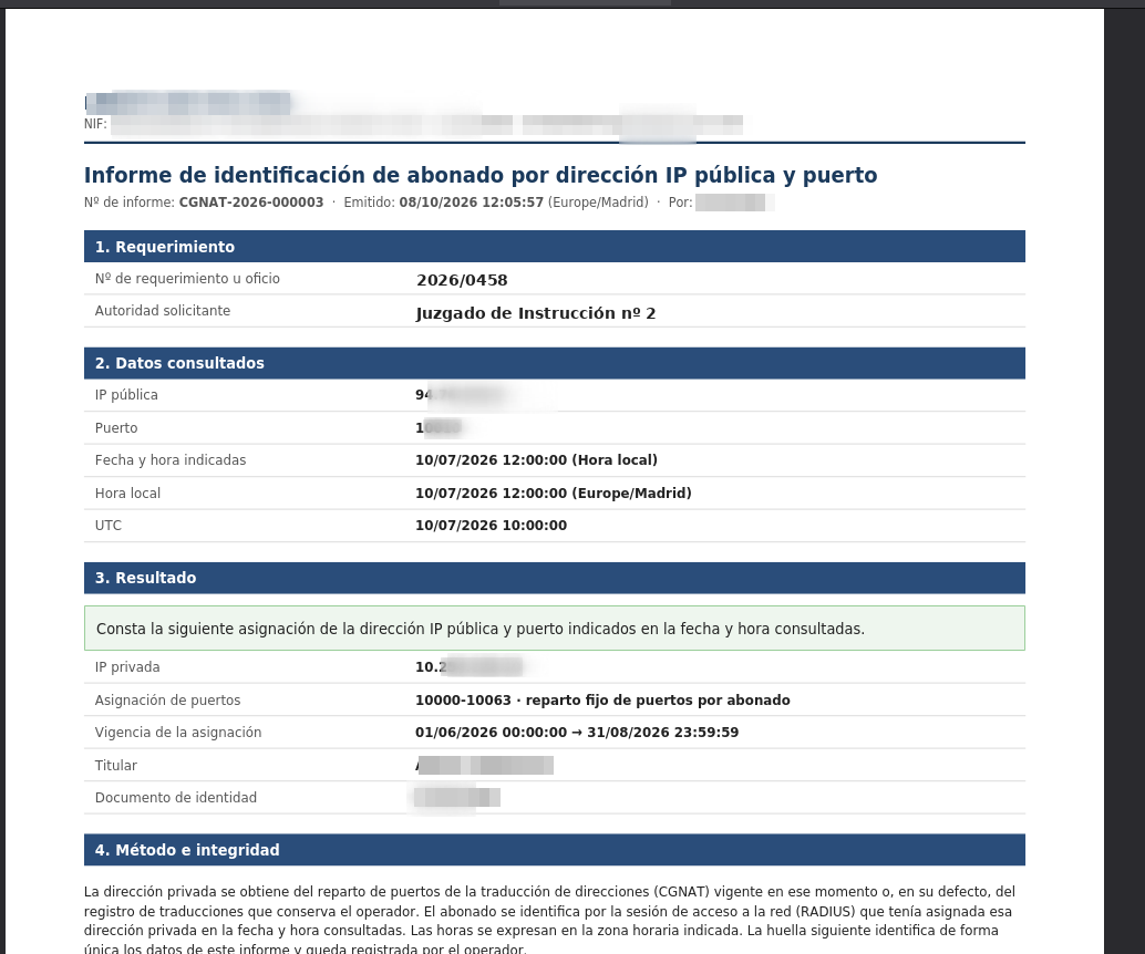 Informe legal en PDF de identificación de abonado por dirección IP pública y puerto, con el requerimiento, los datos consultados en hora local y UTC, el resultado y el método