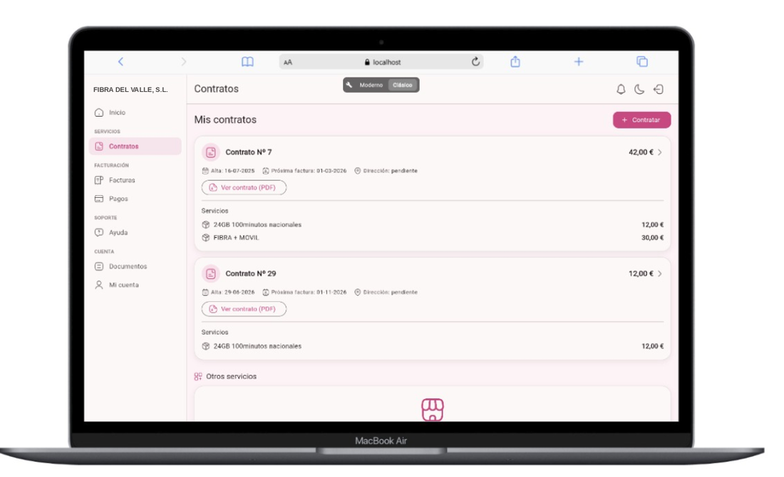 Portal del cliente en el navegador: sus contratos, servicios y facturas